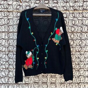 Vintage Black Cardigan with Festive Bear Design